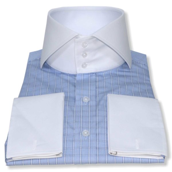 High collar shirt with italian blue checks