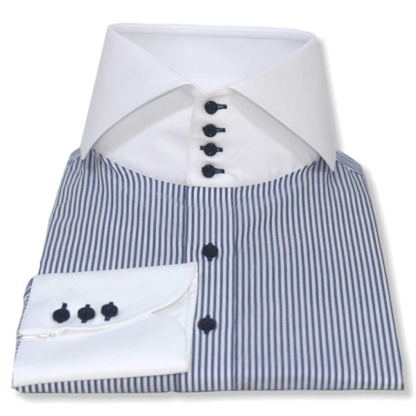 Italian BLue stripes high collar cotton mens shirt