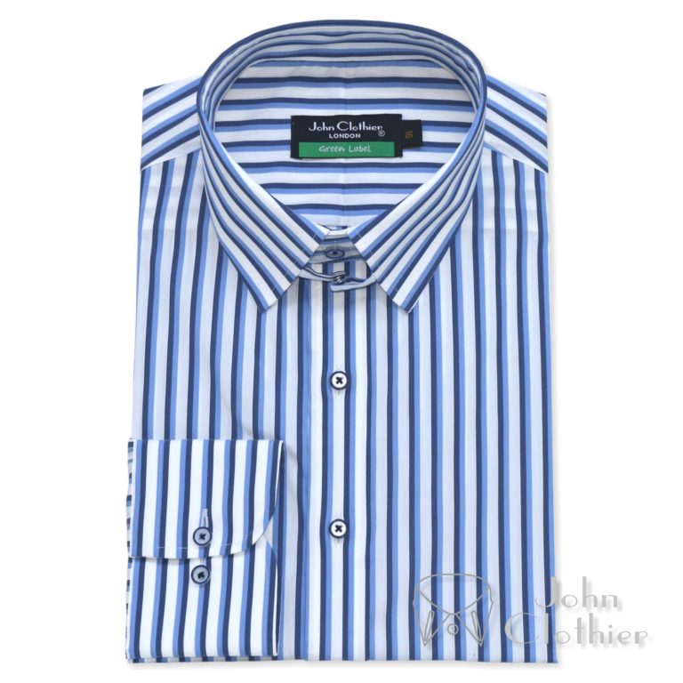 Blue-Black Stripes Tab-Collar Shirt - John Clothier Blue Black Stripes.T