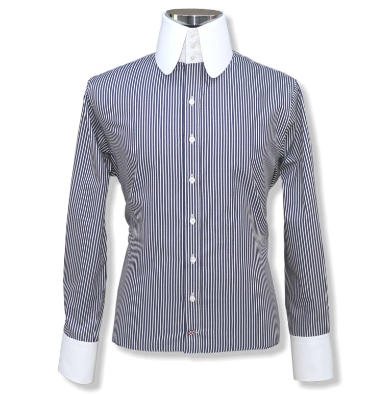 High Penny Collar Shirt - John Clothier High Penny Navy Blue Stripes