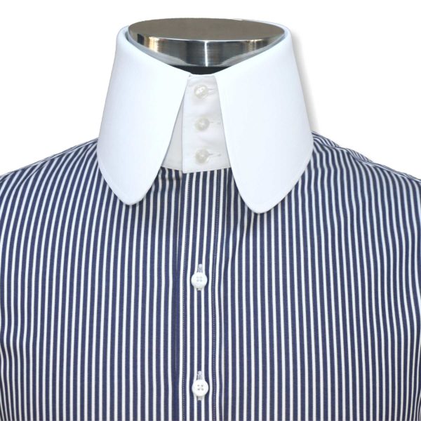 High Rounded Collar Shirt - John Clothier High Rounded Navy Blue Stripes