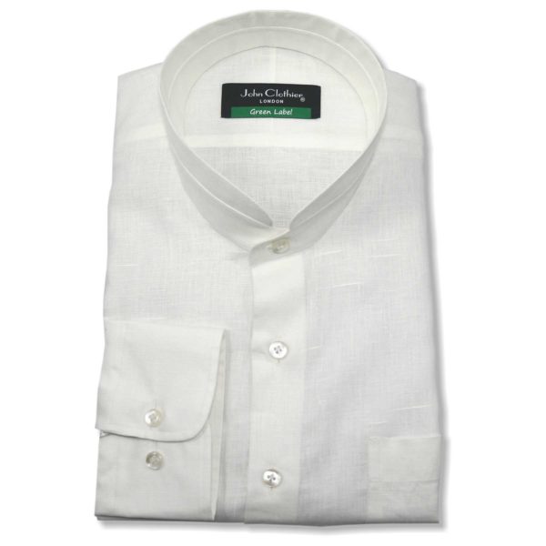 White Linen Grandad Collar Shirt for Men