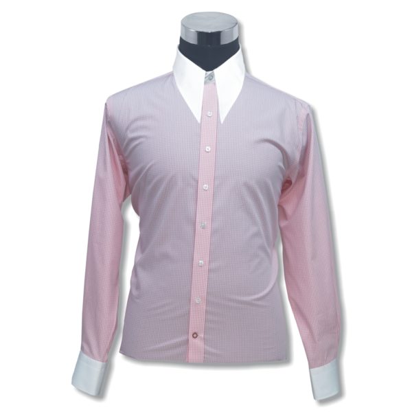 Pink gingham check spear collar mens cotton shirt