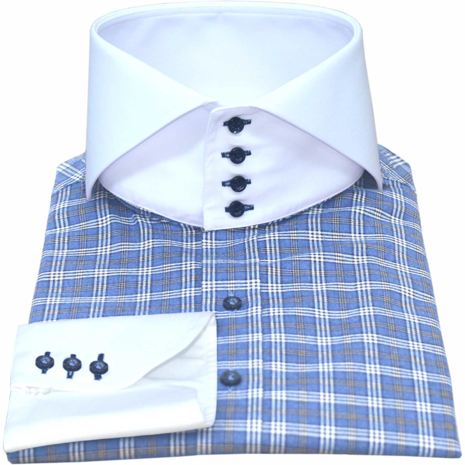 Dark Blue-checks High Collar Shirt - John Clothier London
