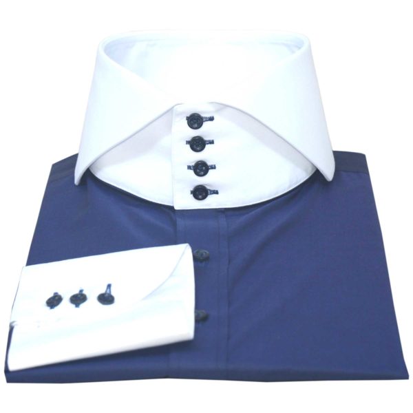 Italian navy blue plain bankers high collar shirt