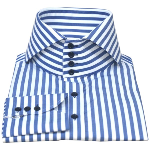 Italian navy blue stripes high collar spread shirt