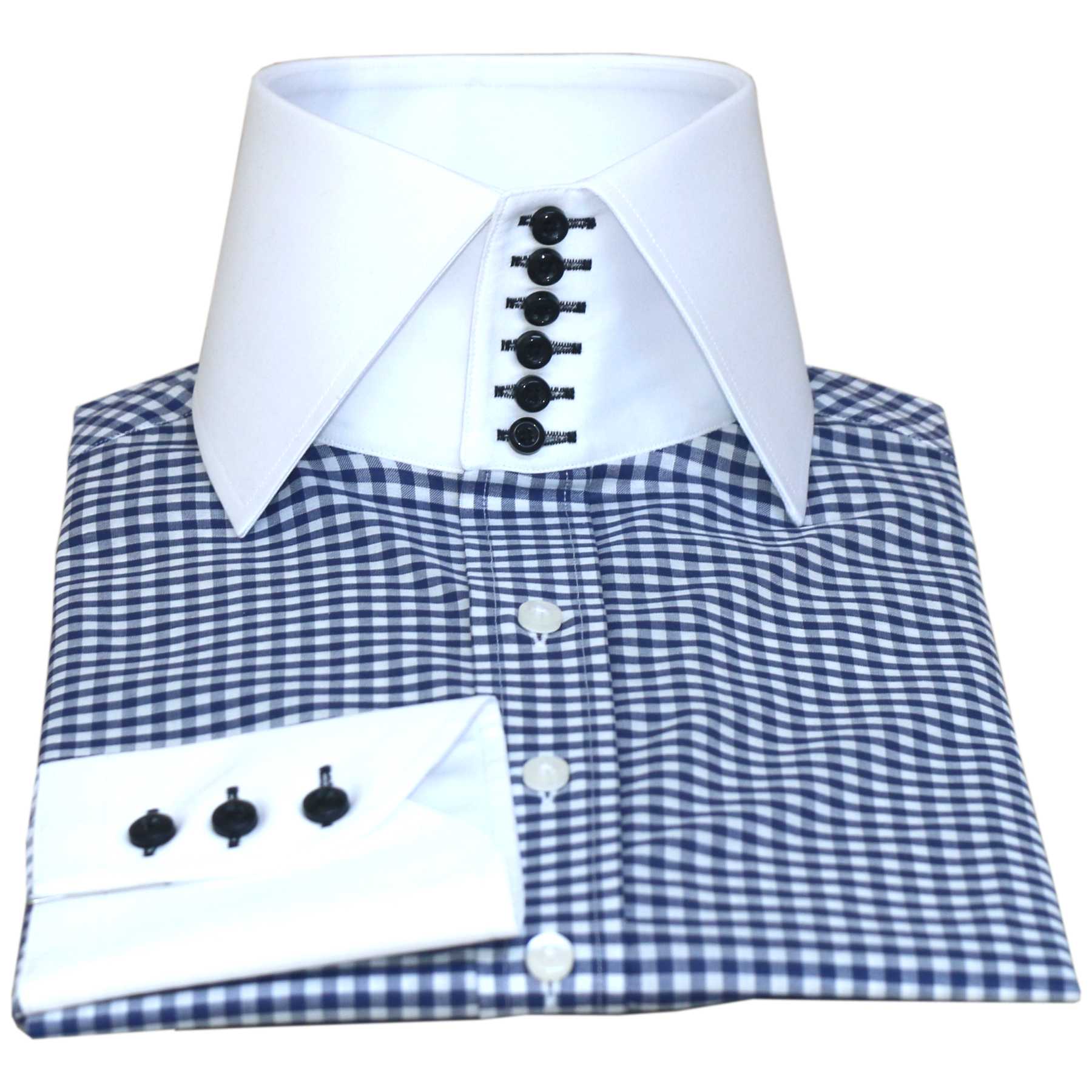 Blue Gingham-Checks High-Spread Collar - John Clothier London
