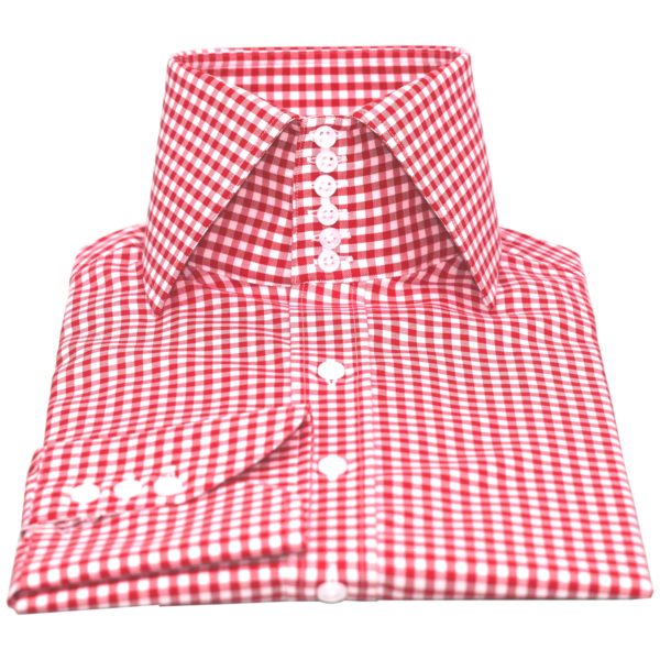 High collar 100% cotton Shirt red Gingham checks