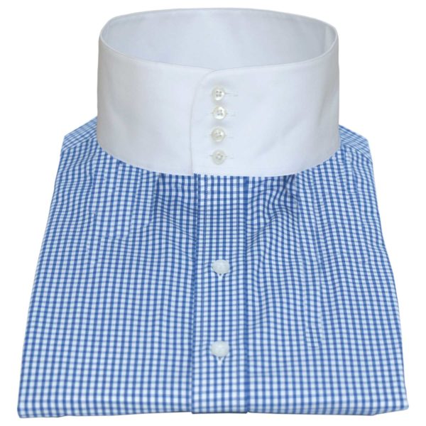 Blue Gingham checks high collar, band collar, white collar , 4 button mens shirt, 100% cotton, made to measure shirt