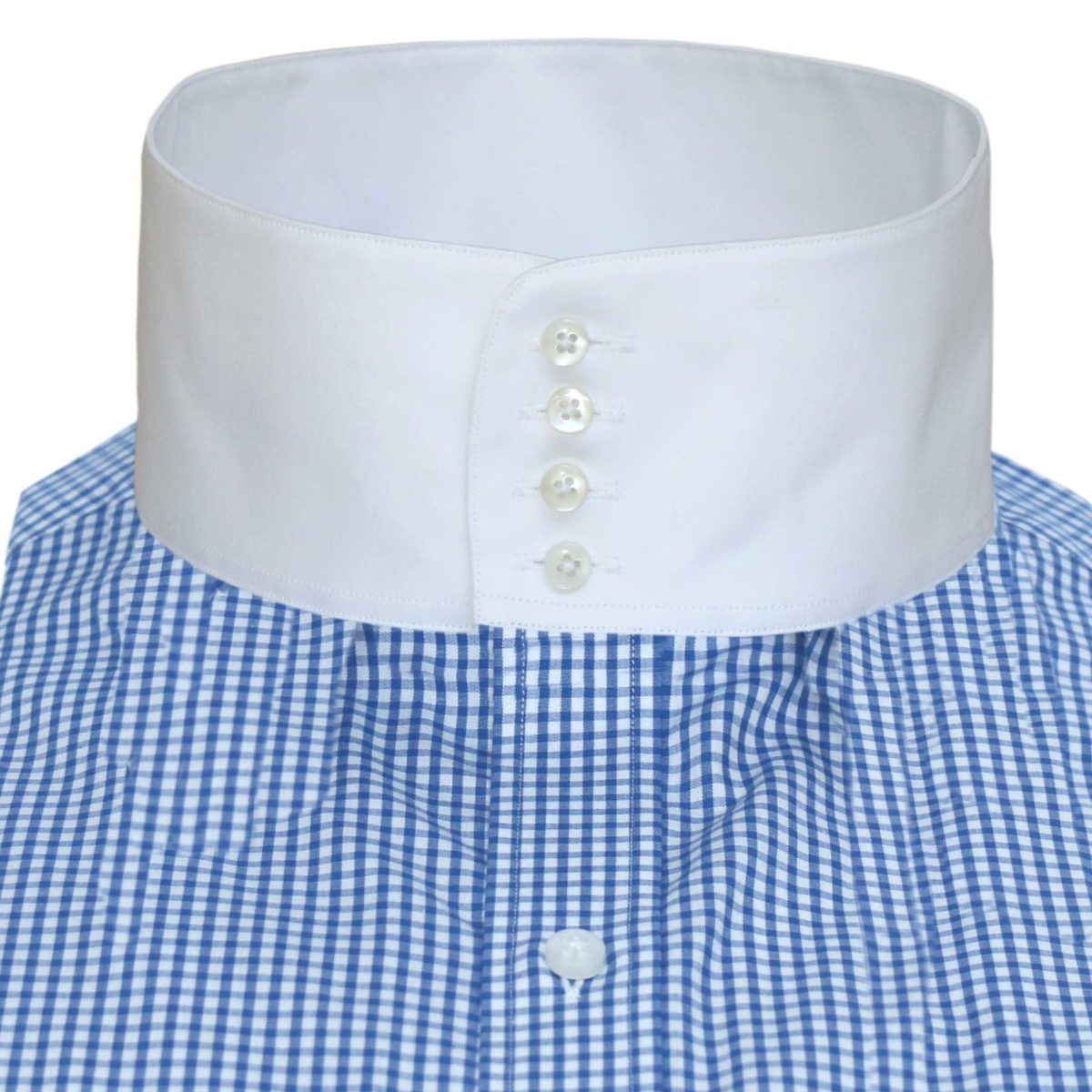 Blue Gingham checks high collar, band collar, white collar , 4 button mens shirt, 100% cotton, made to measure shirt