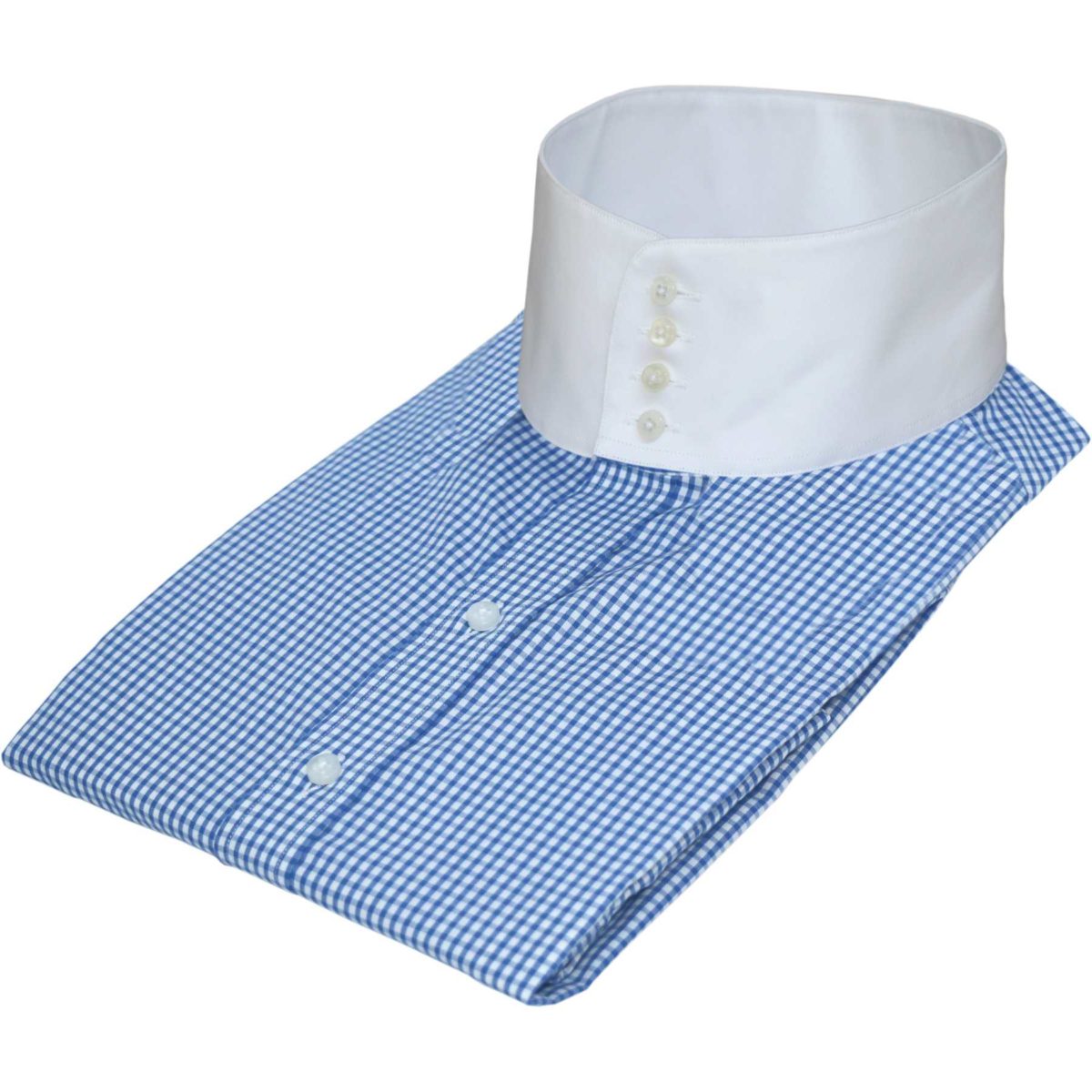 Blue Gingham checks high collar, band collar, white collar , 4 button mens shirt, 100% cotton, made to measure shirt