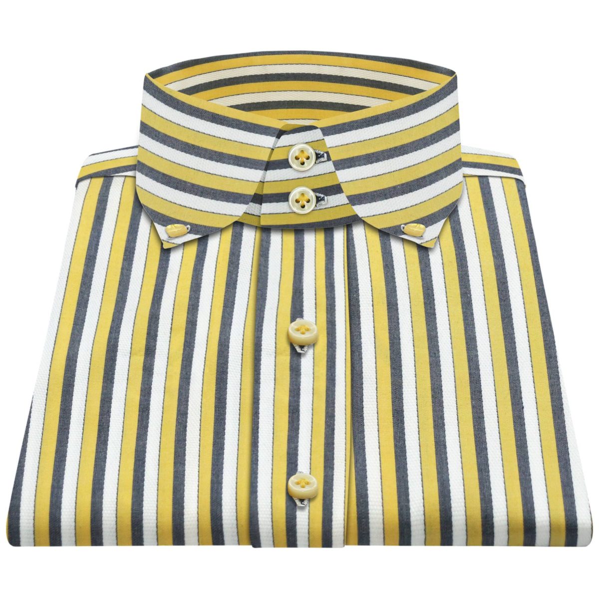 Design : Yellow Black Stripes 1000-22 Fabric : 100% Cotton Weave : Plain Collar Style : High Cutaway collar This collar is approx. 2" high with 2 buttons. Cuff Style : 4" wide Single cuff or Double cuff for cufflinks Fit : Tailored fit (neither slim nor loose) Wash Care : Machine or hand wash in cold / warm water. Use of dryer or dry cleaning is not recommended. Shirts are made in our family-run workshop. Every piece is individually hand-cut & stitched by aged artisans for the perfect fit & feel.