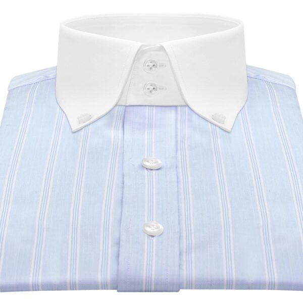 Blue White Stripes High Button Down Collar Shirt with 2 Buttons, made to measure by John Clothier in 100% Cotton, exclusive high collar collection for men