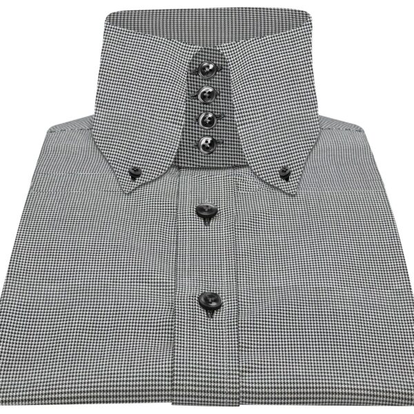 Black & White (Grey) Hounds tooth, High button down collar , 4 buttons on collar, 100% Cotton, made on order men's shirt by John Clothier London - Your original high collar shirt maker
