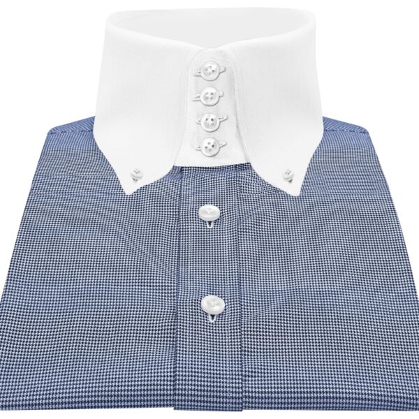 Blue Houndstooth High Button Down Collar 4B, 3" high 4 button pointed collar - Made on Order - 100% cotton shirt for men from John Clothier Green Label