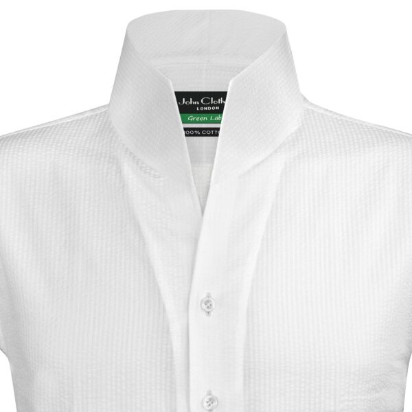 White Seersucker High Open Collar Shirts, 100% Cotton,Custom made shirts in your fit