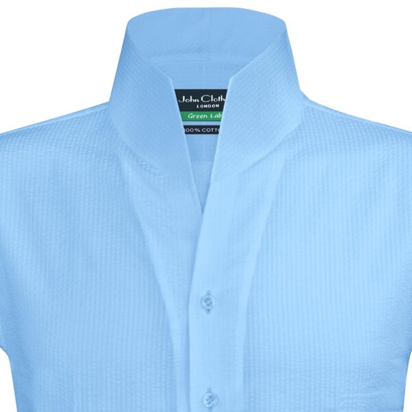 Sky Blue Seersucker High Open Collar Shirt for men, Custom made John Clothier Shirts