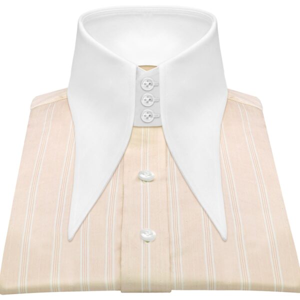 Beige White Stripes High Extreme Longpoint Collar Shirt 7'' long Spearpoint Collar, 3" High collar with 3 buttons,100% cotton, made on order Shirts for men.