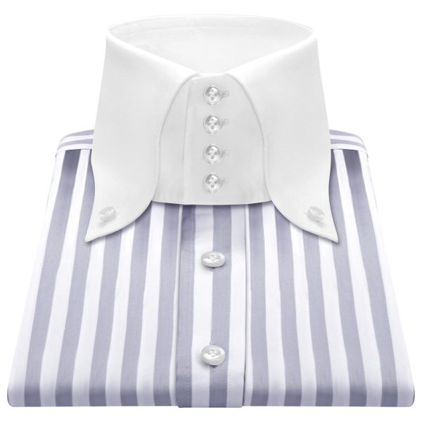 Grey White Stripes High Button Down Collar Shirt