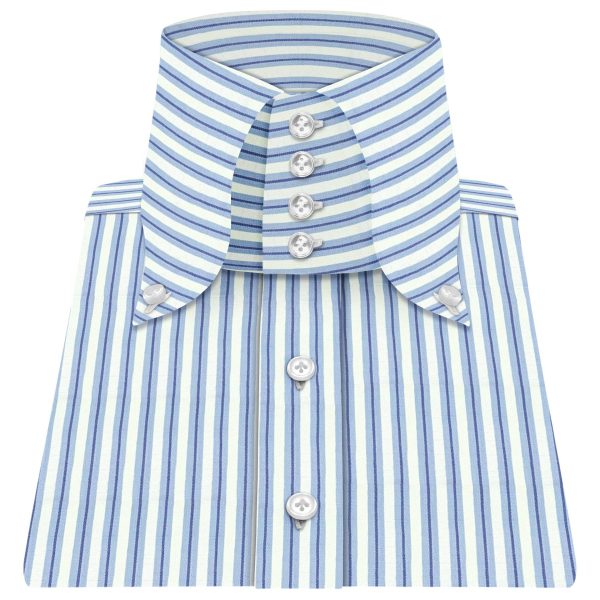Blue White Stripes High Button Down Collar Shirt