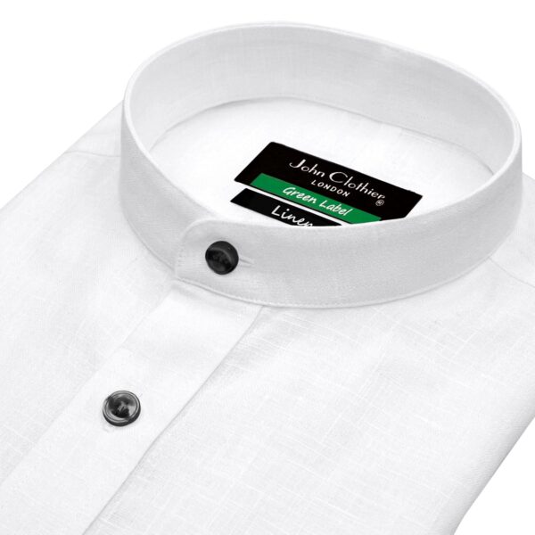 Men's White Linen Black Button Band Collar 100% Linen Shirt