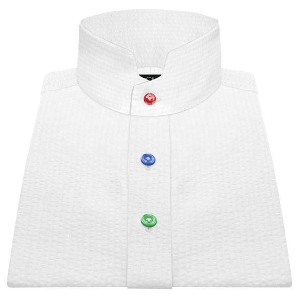 White Seersucker High Stand Collar Rainbow Buttons