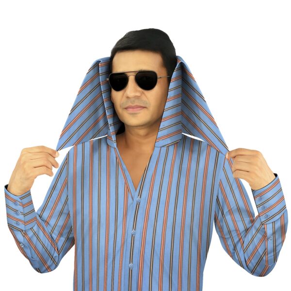 Men's 100% Cotton Sky Blue Rust Stripes High Face Cover Collar