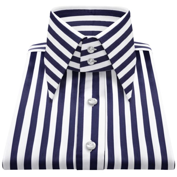 Navy Blue White Stripes High Long 2 Button Collar