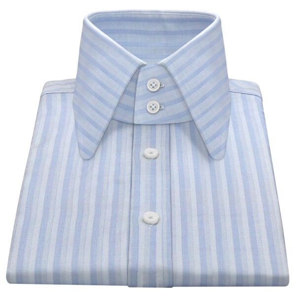 Sky Blue Self Stripes High Long Round Tip 2 Button Collar