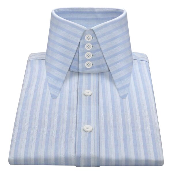 Sky Blue Self Stripes High Long Round Tip 4 Button Collar