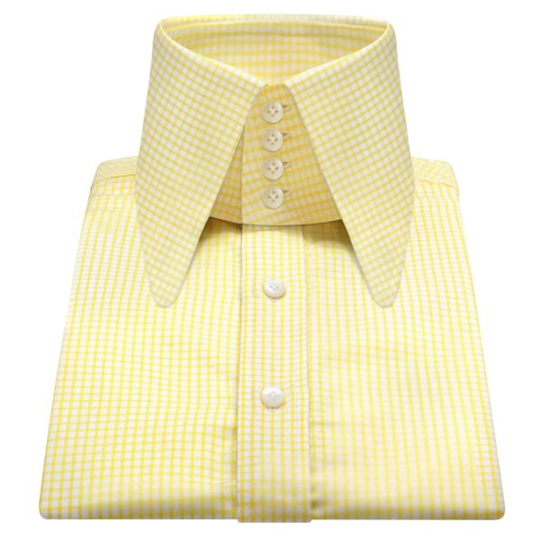 Yellow Gingham Checks High Long Round Tip 4 Button Collar