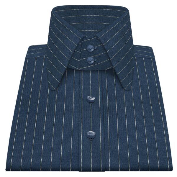 Navy Blue Chalk Stripes High Long Round Tip 2 Button Collar