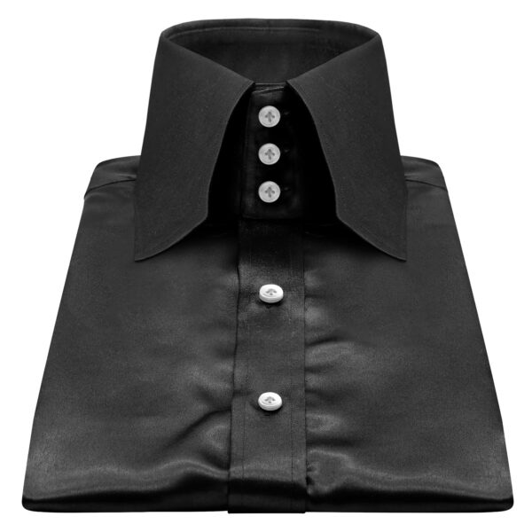 Black Silky Satin High Chisel Collar White Buttons