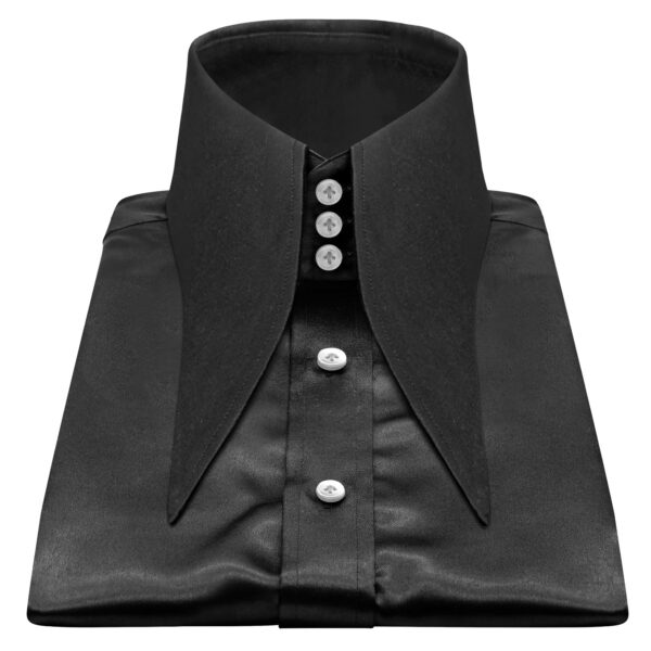 Black Silky Satin High Extreme Longpoint Collar White Buttons