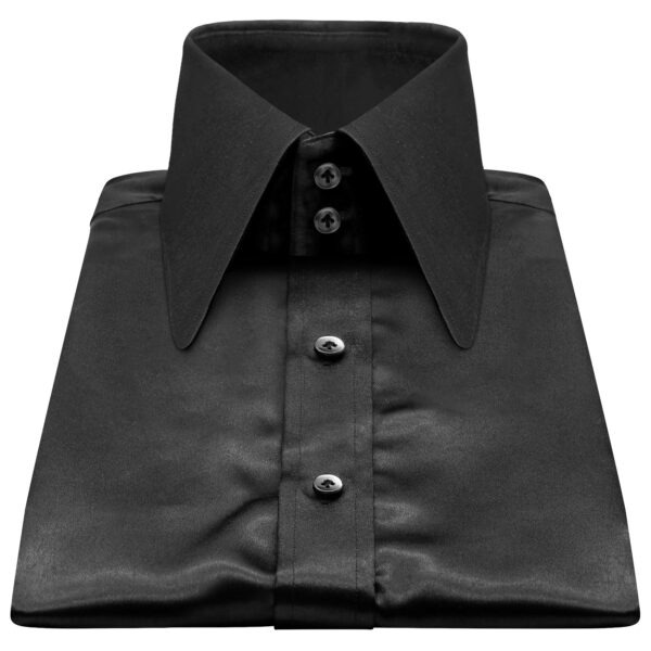 Black Silky Satin High Long Round Tip 2 Button Collar