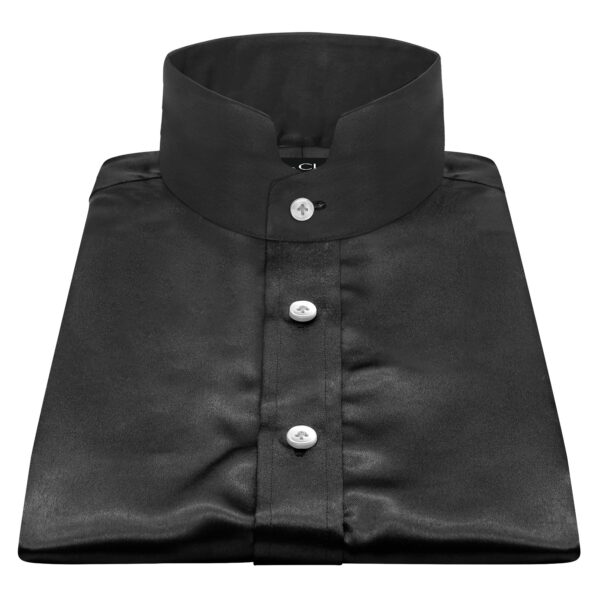 Black Silky Satin High Stand Collar White Buttons