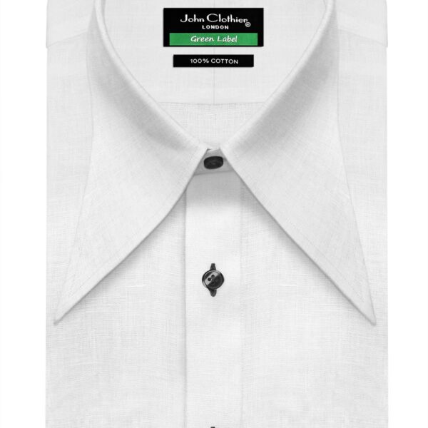 White Linen Extra Long Spread Collar Black Buttons