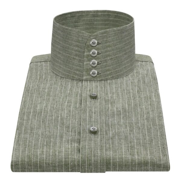 Olive Green Stripes Linen High Band 4 Button Collar