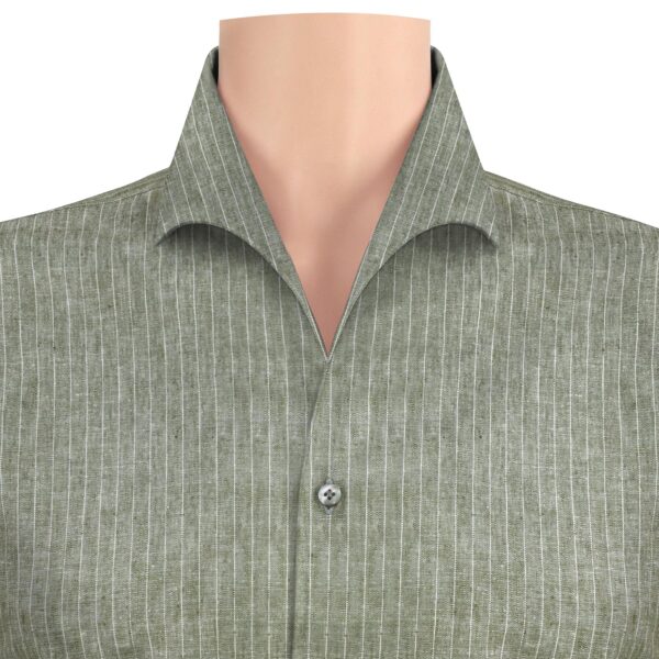 Khaki Green Stripes Linen High Open Lapel Collar