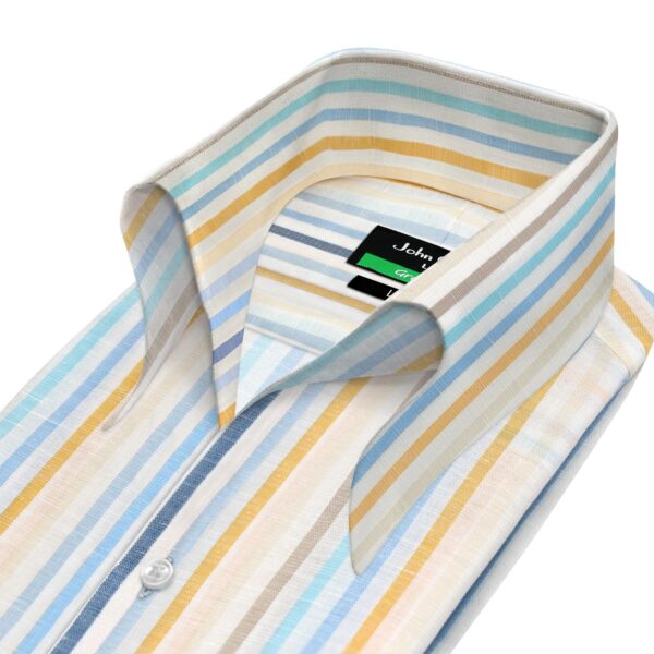Yellow Blue Stripes Linen High Open Button Down Collar
