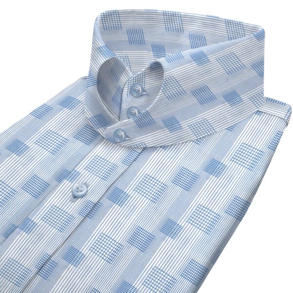 Blue Check Stripes High Heart Shape 2 Button Tab Collar