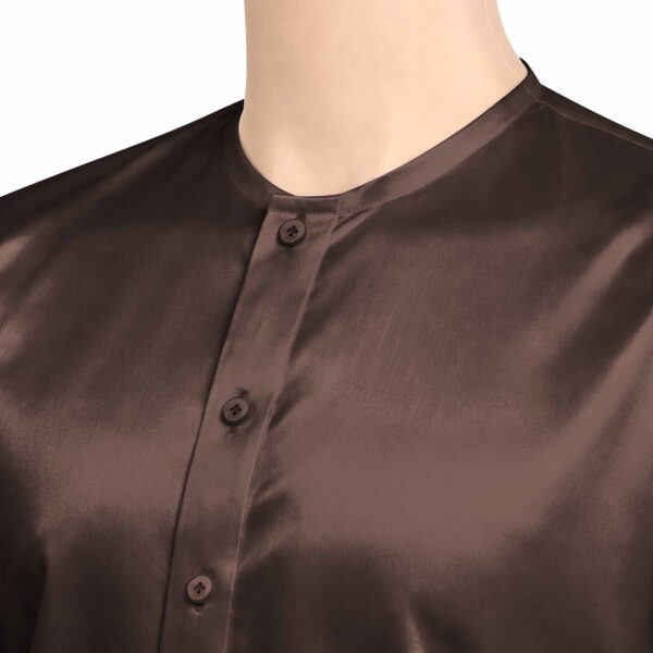 Collarless Chocolate Brown Silky Satin Shirt
