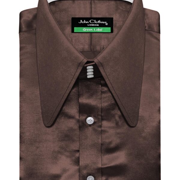 Chocolate Brown Silky Satin Contrast High Long Round Tip 4 Button Collar