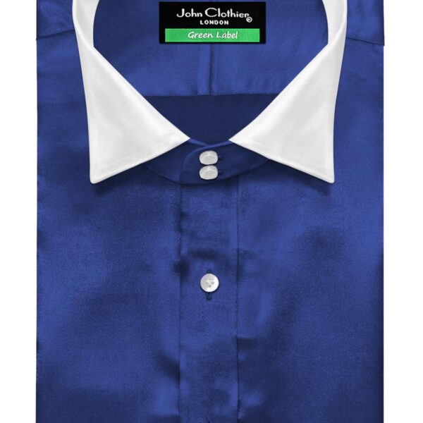 Navy Blue Silky Satin Contrast High Wing 2 Button Collar