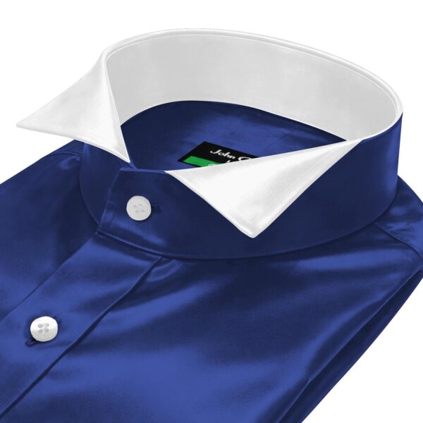 Navy Blue Silky Satin Contrast Wing Tip Collar