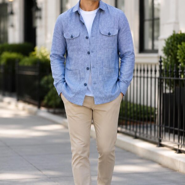 Men's Blue Cotton-Linen Round Collar Shirt Over