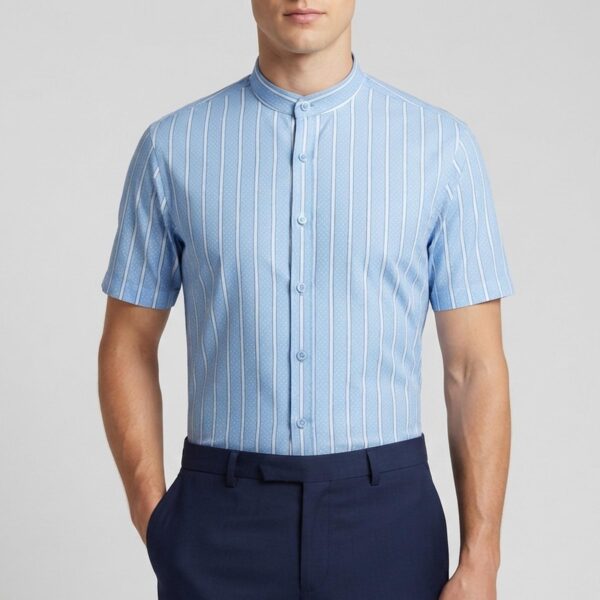 Men's Sky Blue White Dot Stripes Short sleeves Band Collar 100% Cotton Shirt