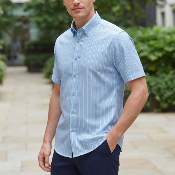Men's 100% Cotton Short Sleeves Sky Blue White Dot Stripes Button Down Collar Shirt