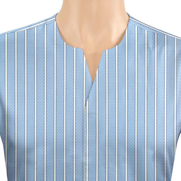 Men's 100% Cotton Short Sleeves Sky Blue White Dot Stripes Collarless Open V Neck Collar Shirt