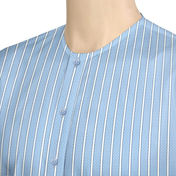 Men's 100% Cotton Short Sleeves Sky Blue White Dot Stripes Collarless Collar Shirt